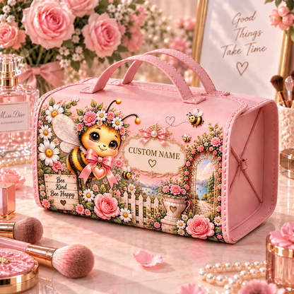 🌸 Personalized Pink Garden Animals Makeup Organizer Bag with Large Capacity Compartments