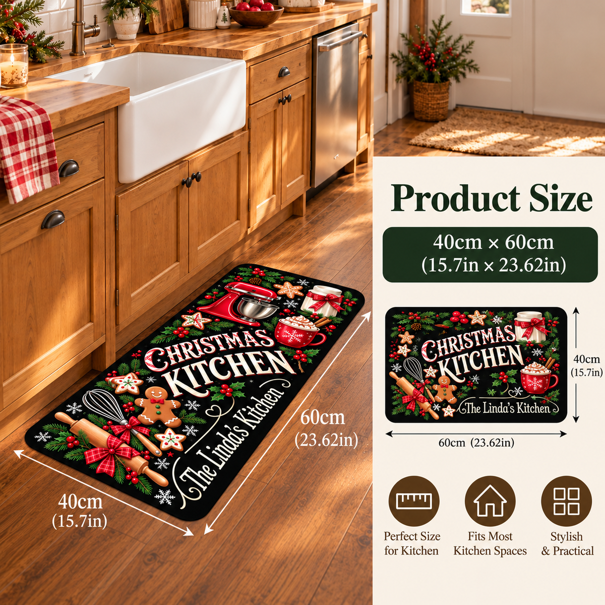 Personalized Christmas Kitchen Mat – Custom Name Holiday Anti-Fatigue Rug 🎄🍪