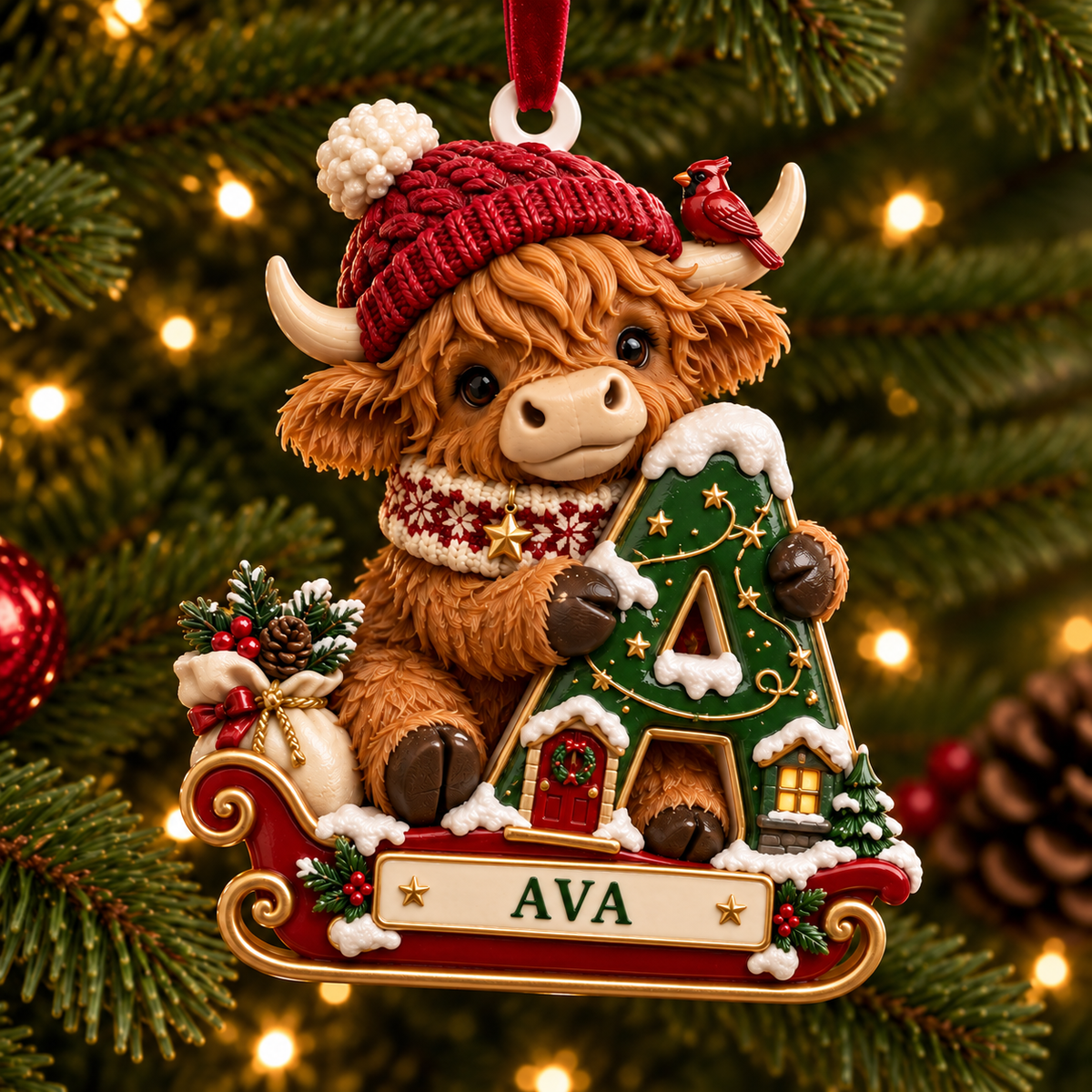 🐮 Personalized Highland Cow "Cozy Sleigh" Ornament | Custom Initial & Name Christmas Keepsake