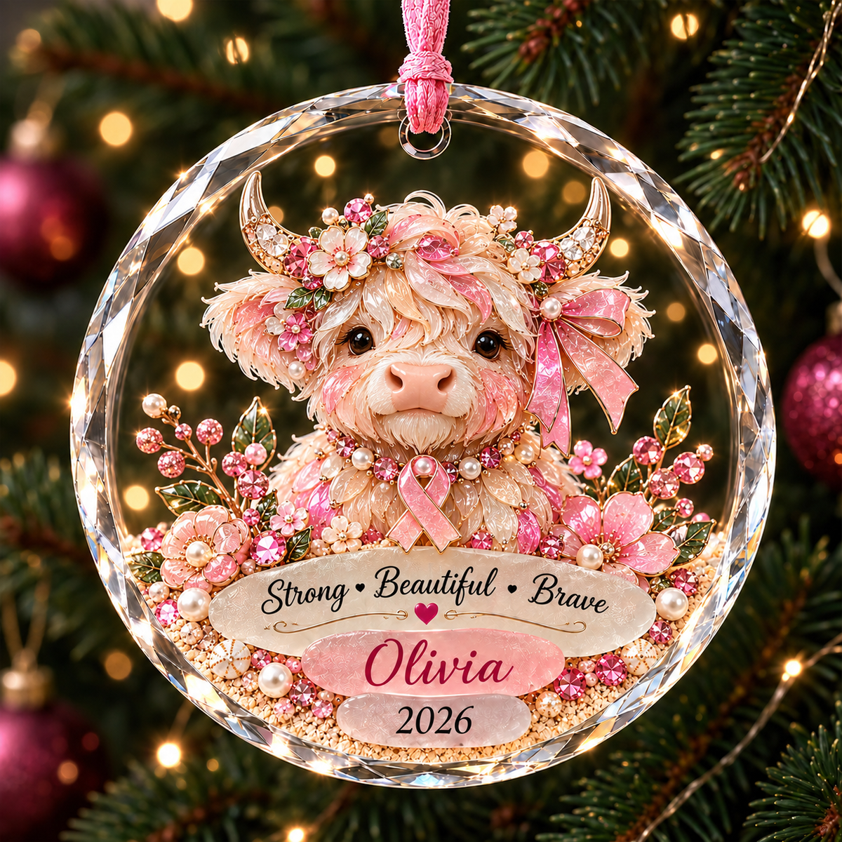 🎀 Personalized Pink Ribbon Animal Ornament