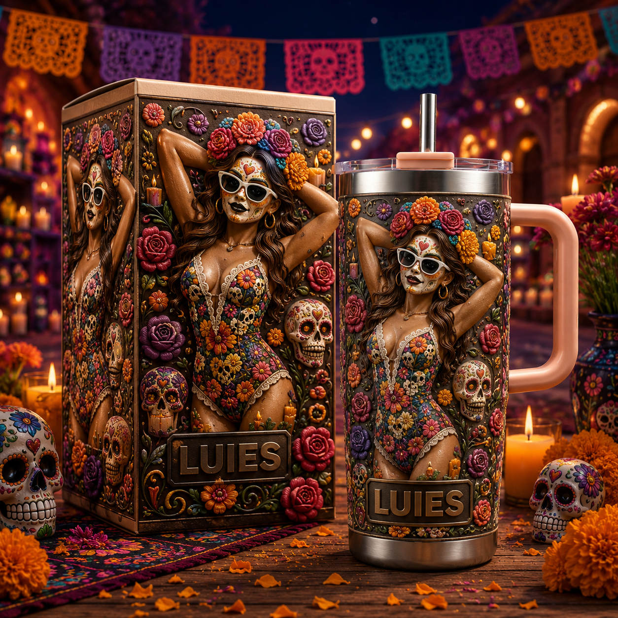 💀Personalized Sugar Skull Sex Women 40oz Handle Tumbler💀🌺