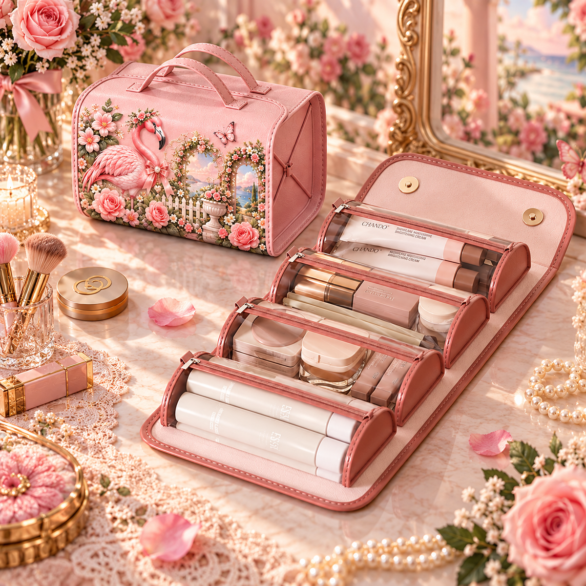 🌸 Personalized Pink Garden Animals Makeup Organizer Bag with Large Capacity Compartments