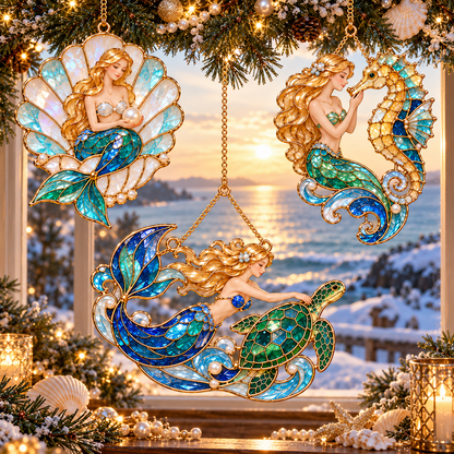 Ocean Enchantment – Vintage Stained-Glass Style Mermaid Christmas Ornaments, Set of 6