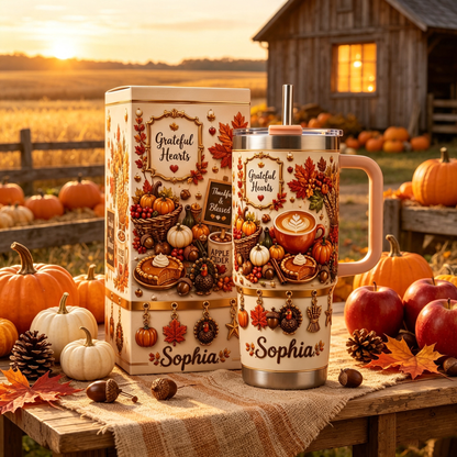 🍁 Personalized Grateful Hearts Tumbler – Cozy Fall Sips Made Special