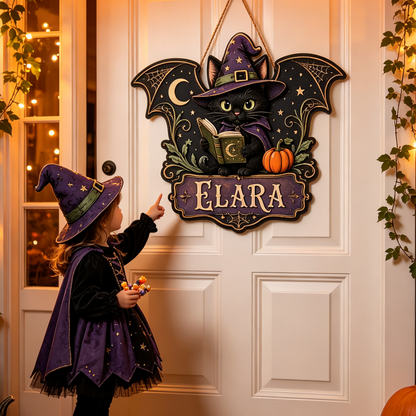 Custom Witch Cat Halloween Door Hanger with Name
