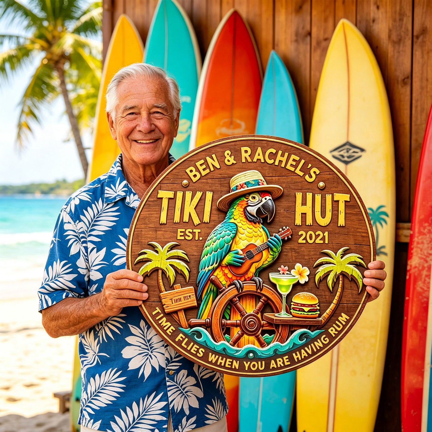 Personalized Tiki Bar Wood Signs: Parrot playing guitar