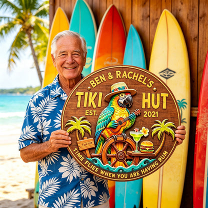 Personalized Tiki Bar Wood Signs: Parrot playing guitar