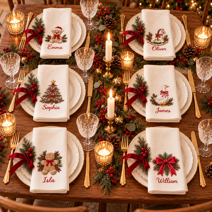 🎄 Personalized Christmas Embroidered Linen Napkin — A Place Just for You