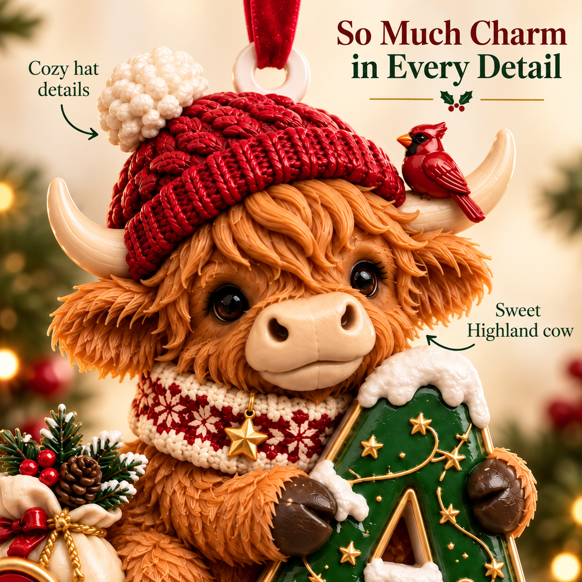 🐮 Personalized Highland Cow "Cozy Sleigh" Ornament | Custom Initial & Name Christmas Keepsake