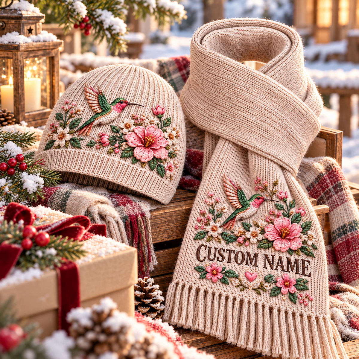 Personalized Floral Embroidered Hummingbird Winter Knit Beanie and Scarf Gift Set 🌸🎁