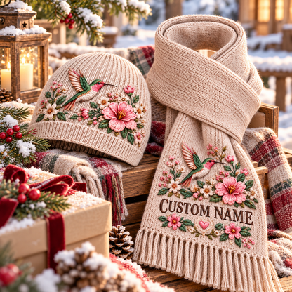 Personalized Floral Embroidered Hummingbird Winter Knit Beanie and Scarf Gift Set 🌸🎁