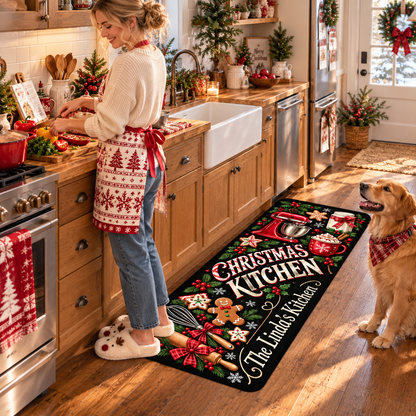 Personalized Christmas Kitchen Mat – Custom Name Holiday Anti-Fatigue Rug 🎄🍪