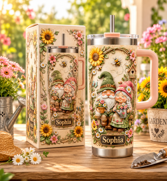 🌻 Personalized Garden Gnome Couple Tumbler - A Cheerful Cup Full of Flowers, Sunshine & Garden Charm