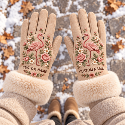 🦋 Personalized Floral Winter Gloves – Custom Name & Cozy Plush Cuffs