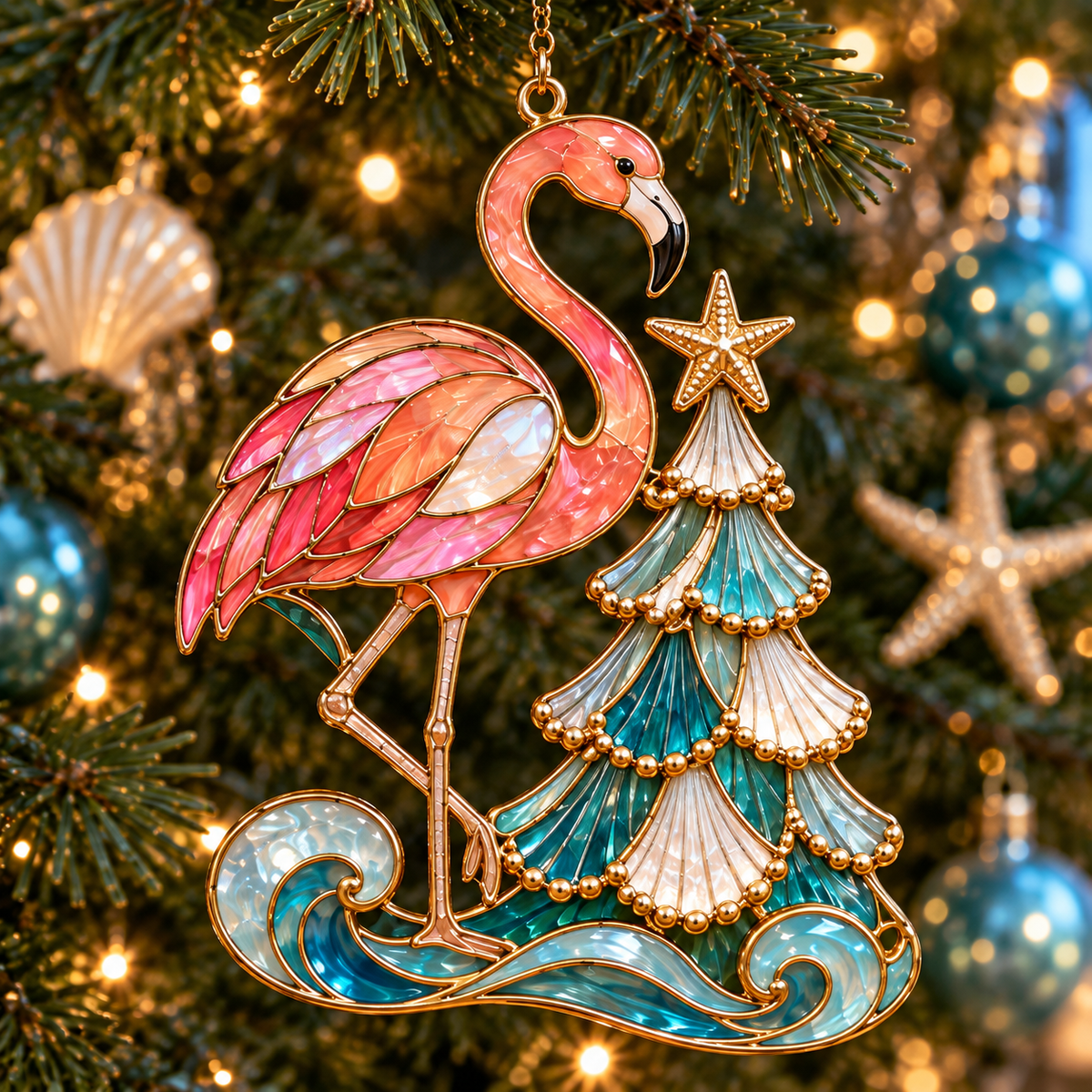 🦩 Coastal Christmas Flamingo Ornaments – Vintage Stained-Glass Style🎄