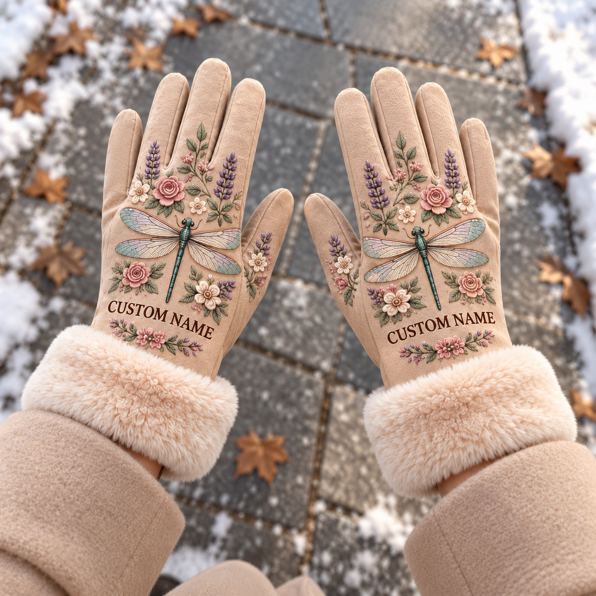 🦋 Personalized Floral Winter Gloves – Custom Name & Cozy Plush Cuffs
