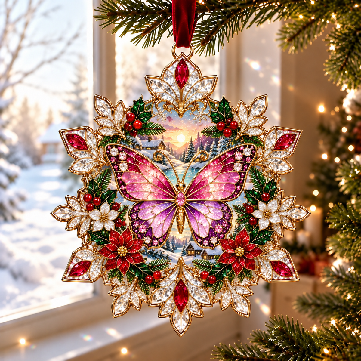 Stained Glass Style Sea Glass Christmas Ornament – Holiday Animal Hanging Decoration 🦩🦋🐮