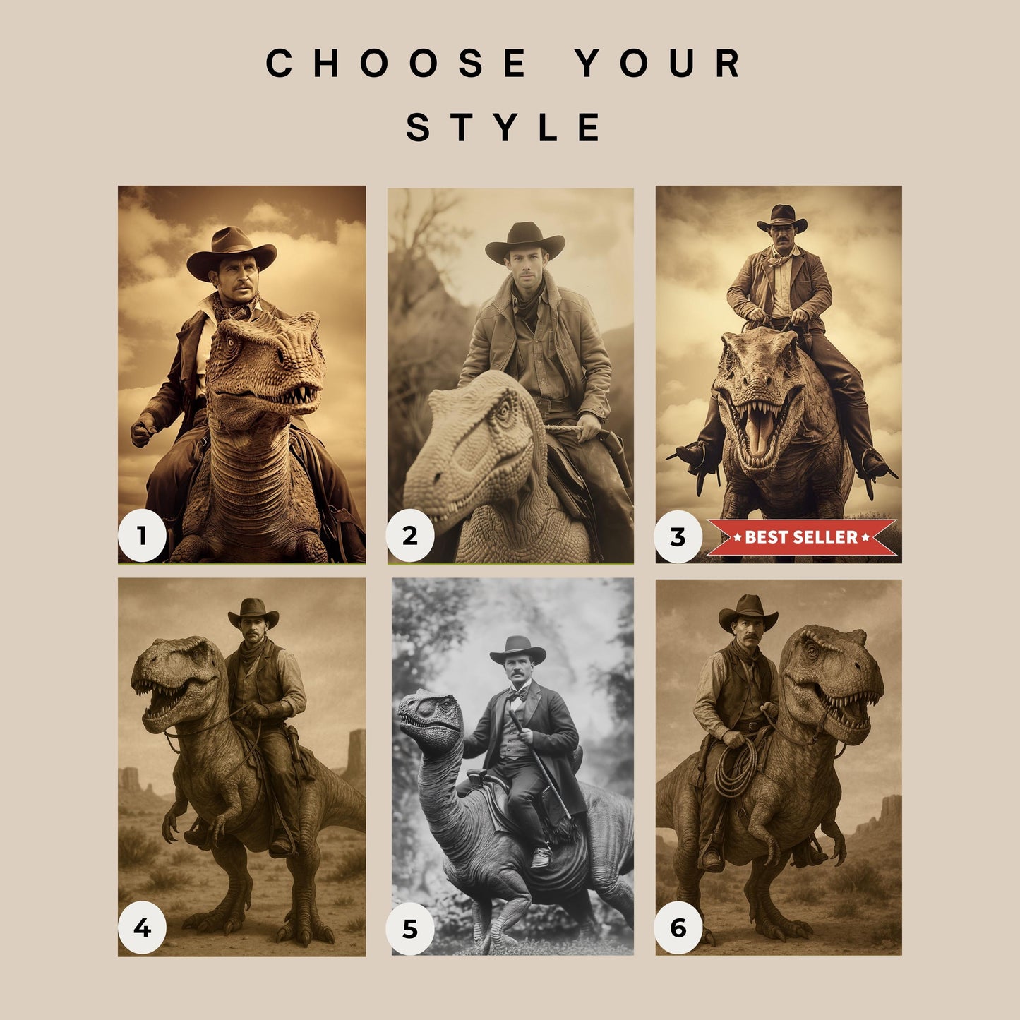 Custom Vintage Portrait: A Western Cowboy Riding a Dinosaur