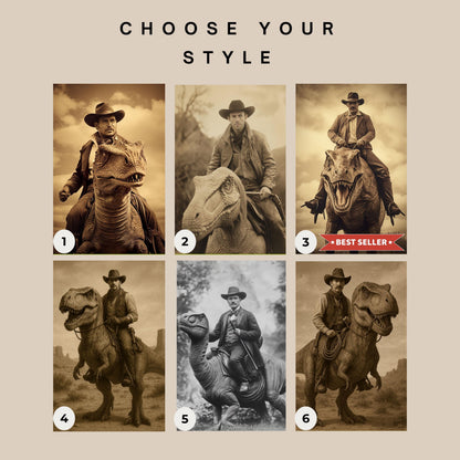 Custom Vintage Portrait: A Western Cowboy Riding a Dinosaur