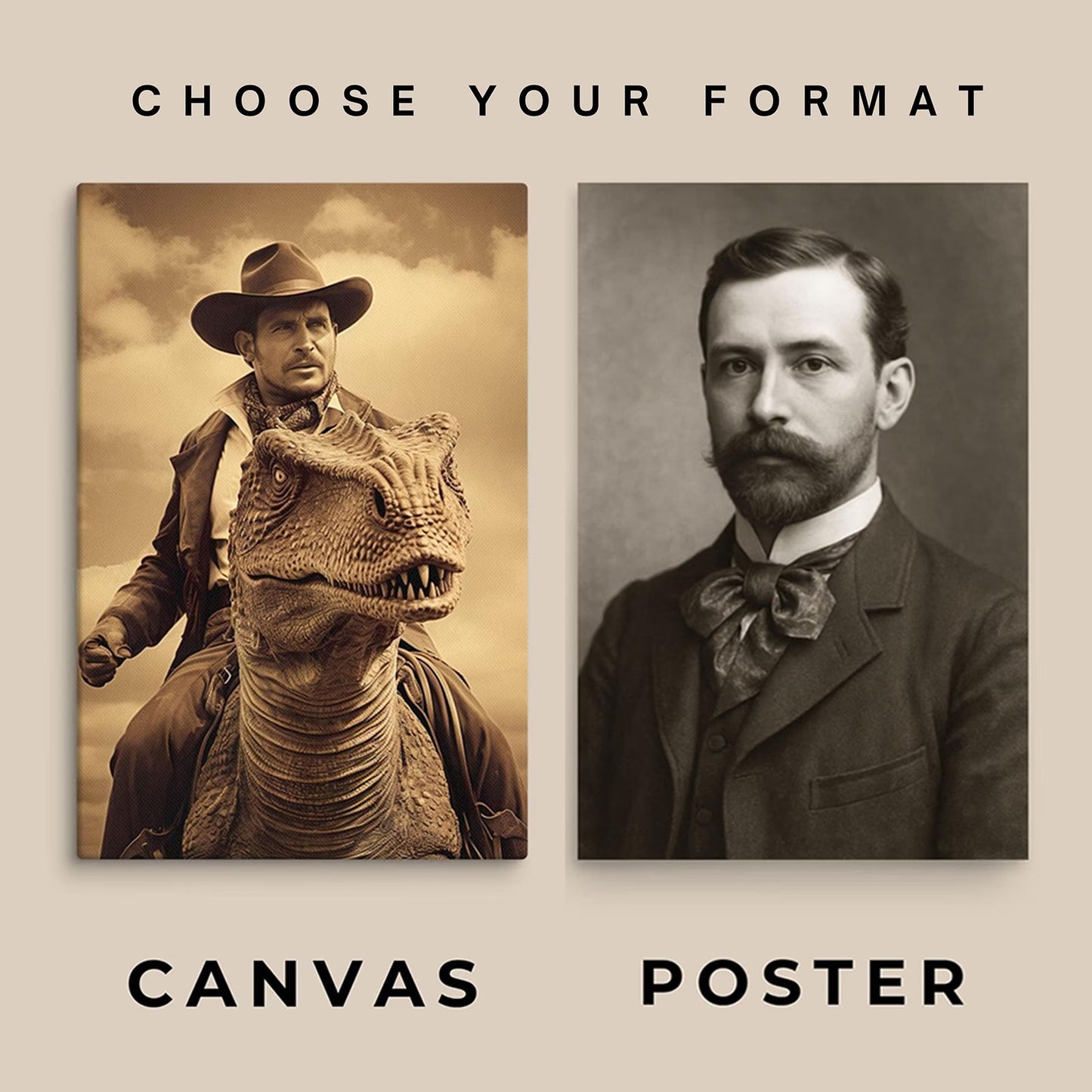 Custom Vintage Portrait: A Western Cowboy Riding a Dinosaur