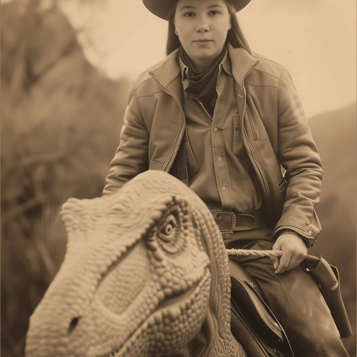 Custom Vintage Portrait: A Western Cowboy Riding a Dinosaur