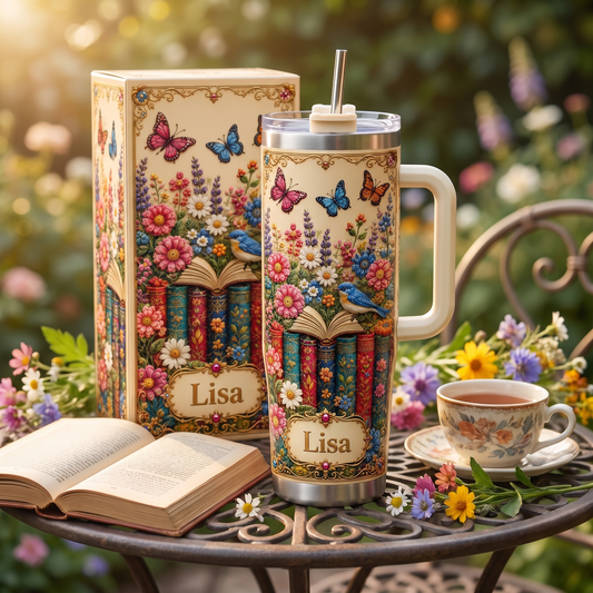 Personalized Book Lover Tumbler – Custom Name Butterfly Floral Cup for Her
