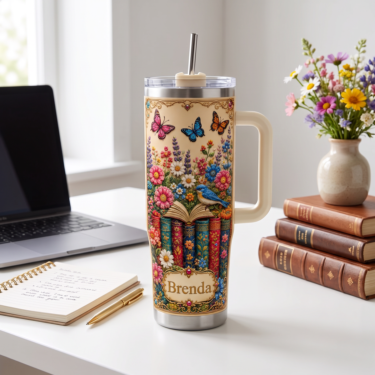 Personalized Book Lover Tumbler – Custom Name Butterfly Floral Cup for Her
