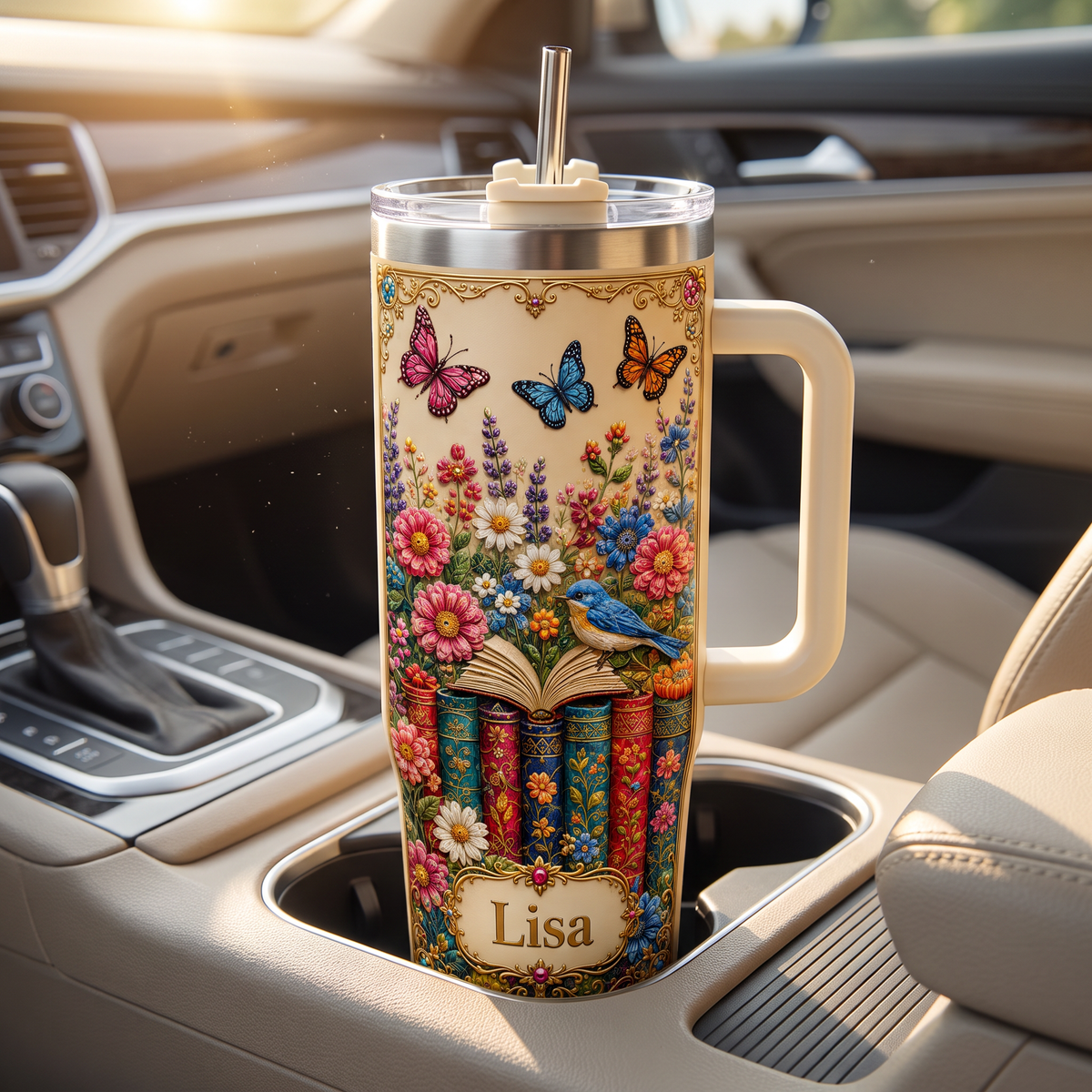 Personalized Book Lover Tumbler – Custom Name Butterfly Floral Cup for Her