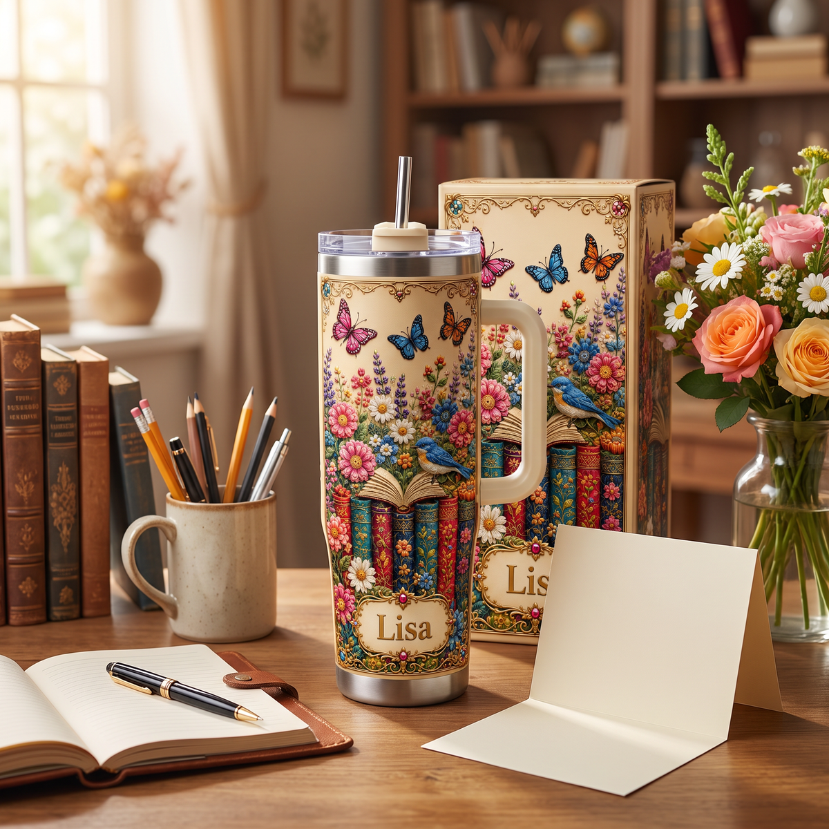 Personalized Book Lover Tumbler – Custom Name Butterfly Floral Cup for Her