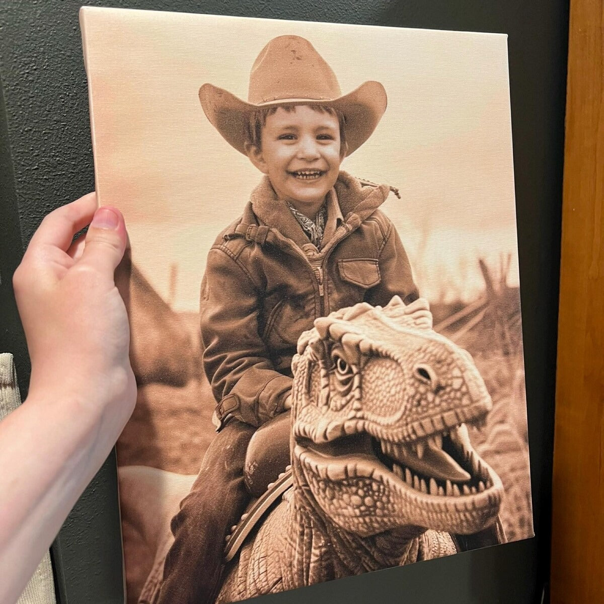 Custom Vintage Portrait: A Western Cowboy Riding a Dinosaur