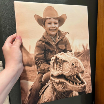 Custom Vintage Portrait: A Western Cowboy Riding a Dinosaur