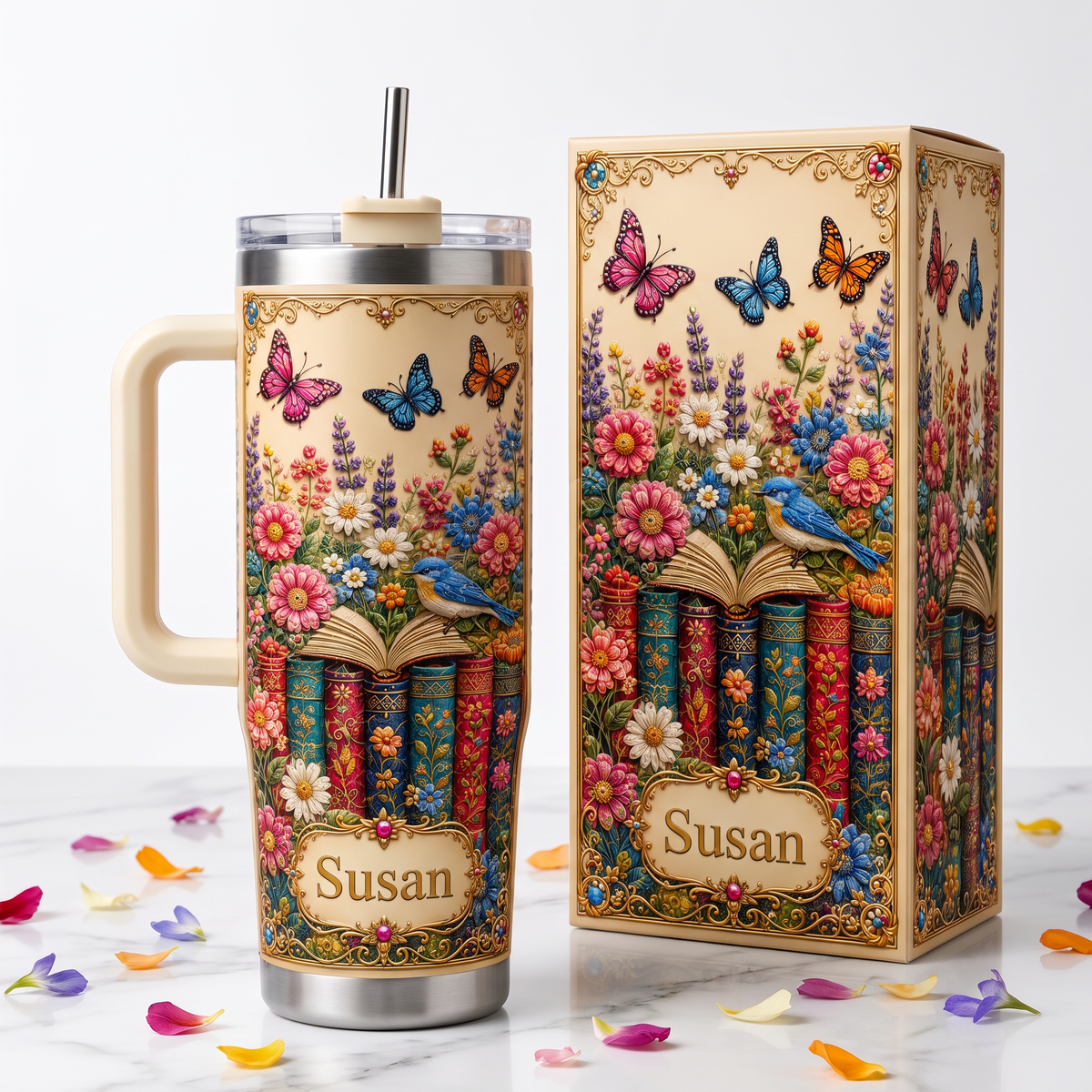 Personalized Book Lover Tumbler – Custom Name Butterfly Floral Cup for Her