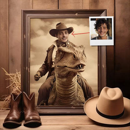 Custom Vintage Portrait: A Western Cowboy Riding a Dinosaur