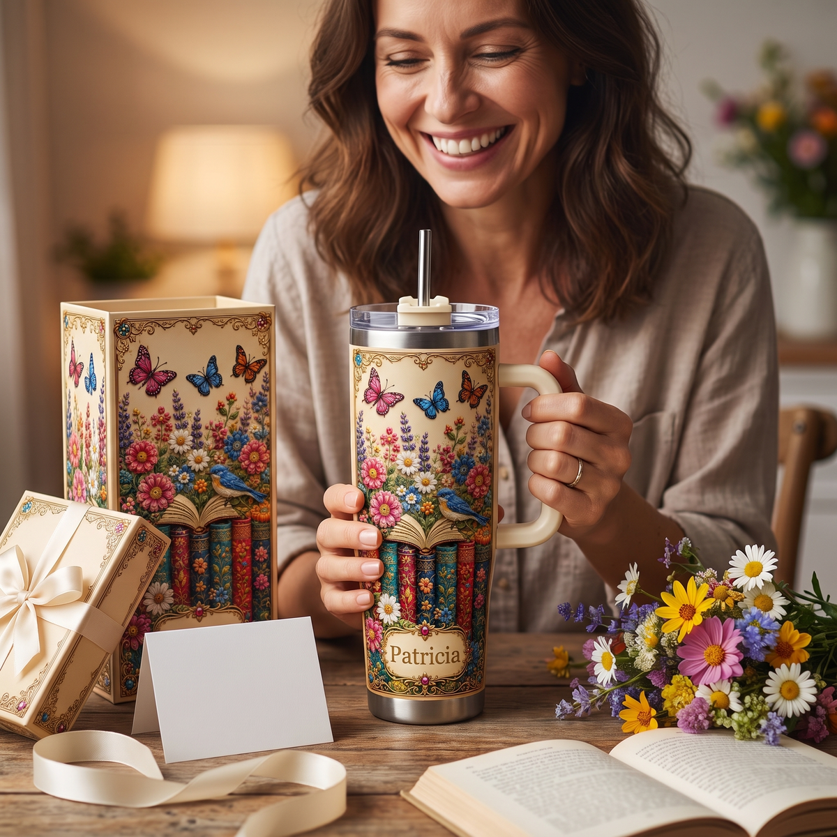 Personalized Book Lover Tumbler – Custom Name Butterfly Floral Cup for Her