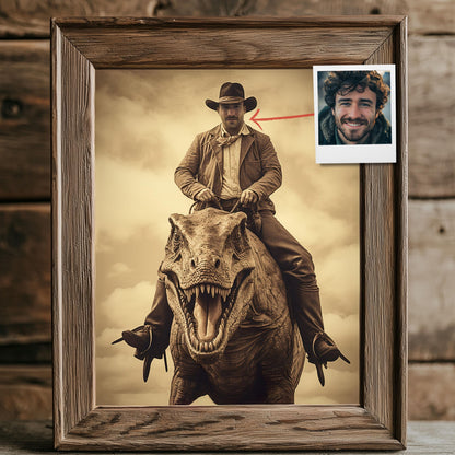 Custom Vintage Portrait: A Western Cowboy Riding a Dinosaur