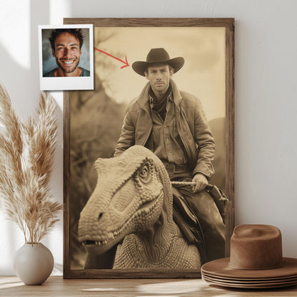 Custom Vintage Portrait: A Western Cowboy Riding a Dinosaur
