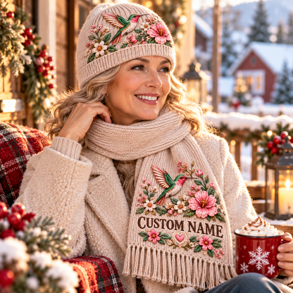 Personalized Floral Embroidered Hummingbird Winter Knit Beanie and Scarf Gift Set 🌸🎁