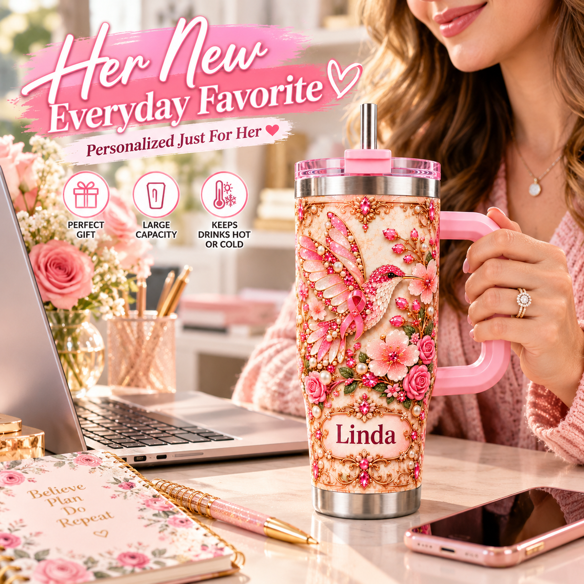 💗 Personalized Pink Hummingbird Tumbler – Made Just For Her
