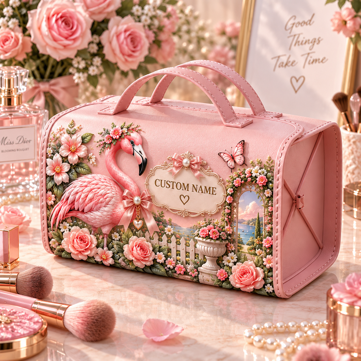 🌸 Personalized Pink Garden Animals Makeup Organizer Bag with Large Capacity Compartments