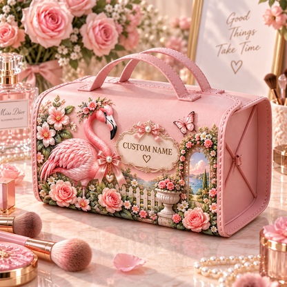 🌸 Personalized Pink Garden Animals Makeup Organizer Bag with Large Capacity Compartments