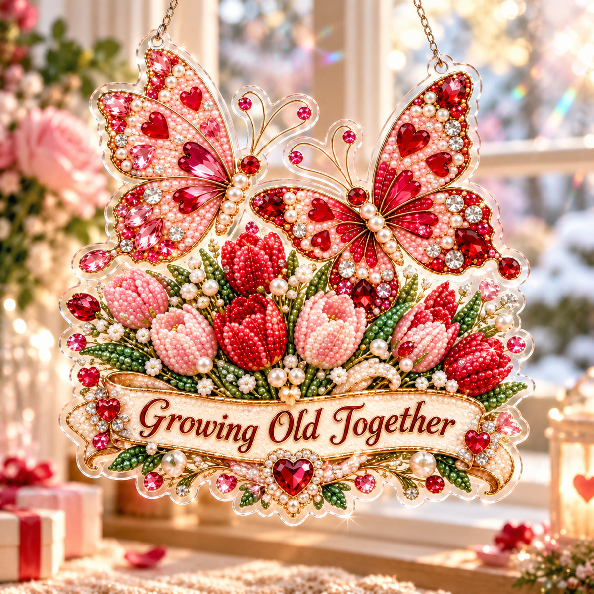 Romantic Valentine’s Day Suncatcher Pearl & Jewel-Style Love Window Hanging Ornament 💖