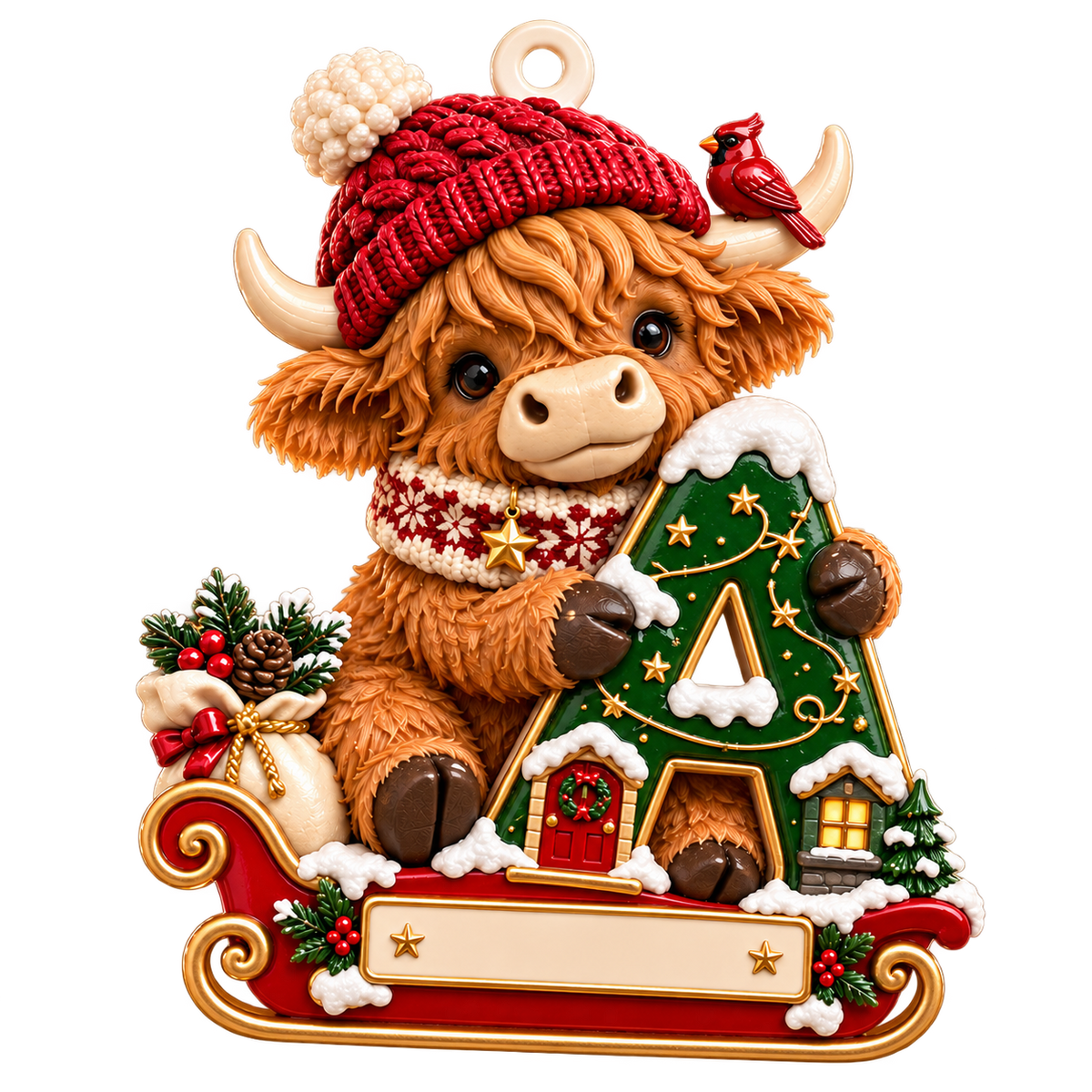🐮 Personalized Highland Cow "Cozy Sleigh" Ornament | Custom Initial & Name Christmas Keepsake