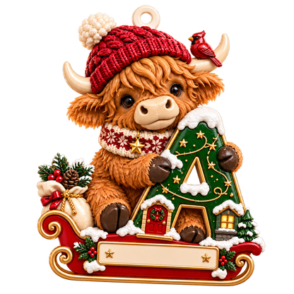 🐮 Personalized Highland Cow "Cozy Sleigh" Ornament | Custom Initial & Name Christmas Keepsake