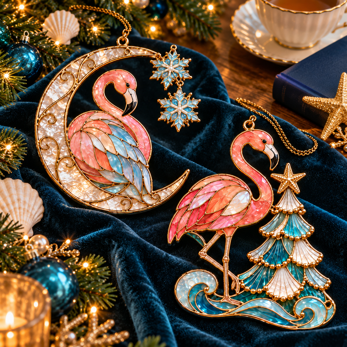 🦩 Coastal Christmas Flamingo Ornaments – Vintage Stained-Glass Style🎄