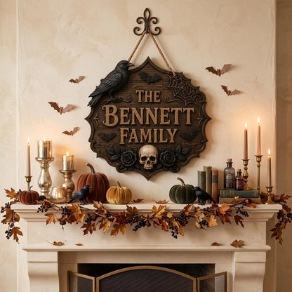 Gothic Halloween Wooden Door Sign, Raven Skull Family Name Sign