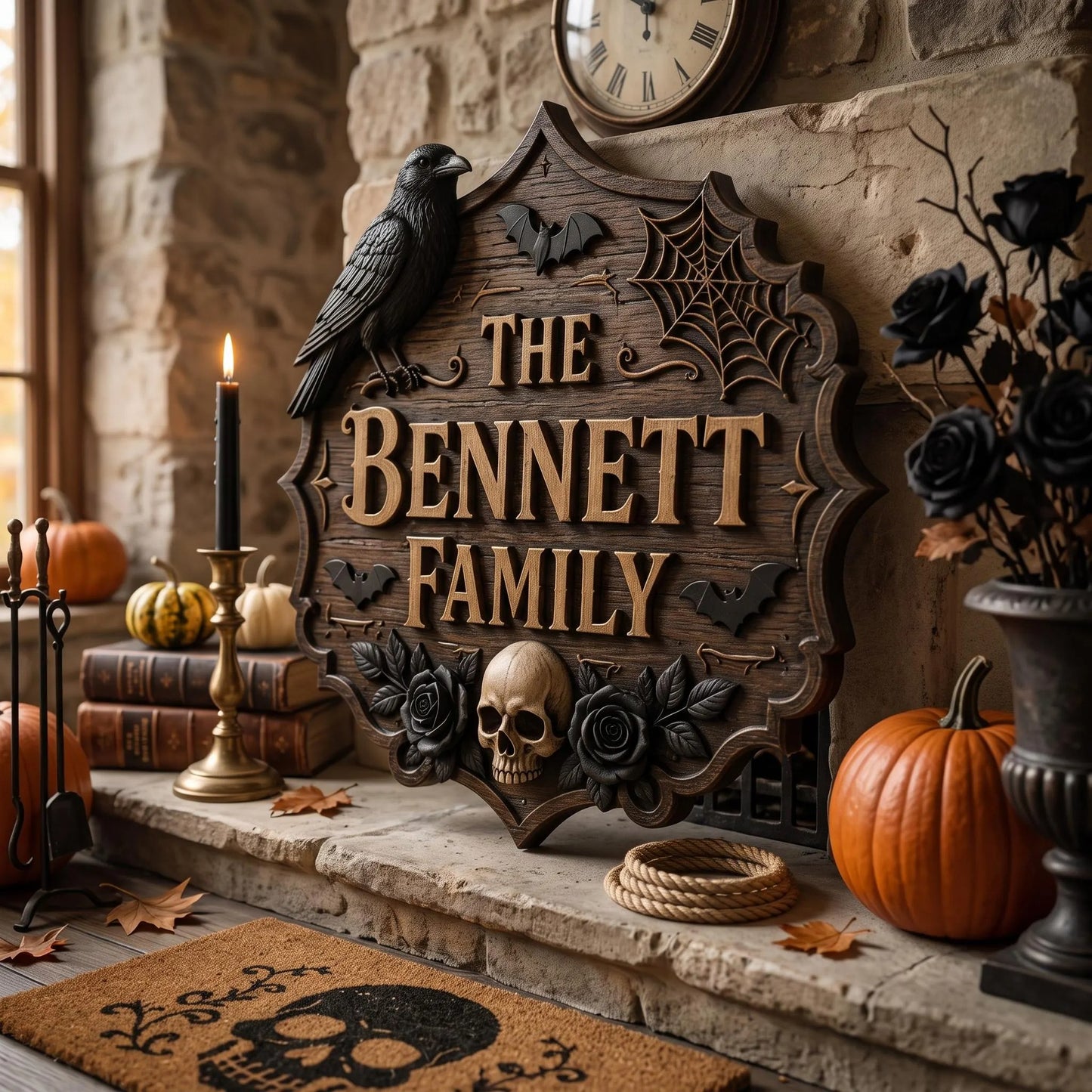 Gothic Halloween Wooden Door Sign, Raven Skull Family Name Sign