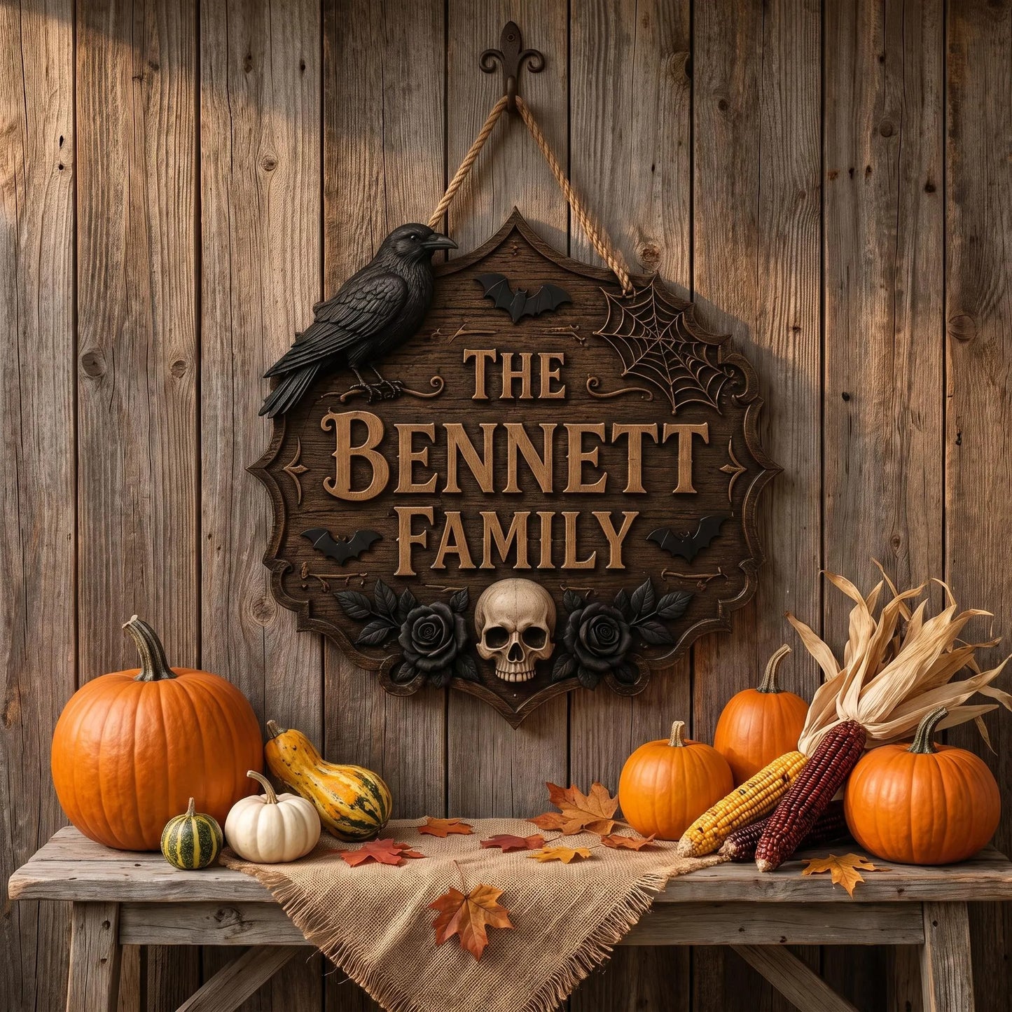 Gothic Halloween Wooden Door Sign, Raven Skull Family Name Sign