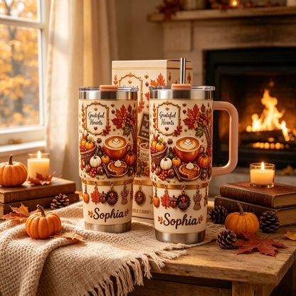 🍁 Personalized Grateful Hearts Tumbler – Cozy Fall Sips Made Special