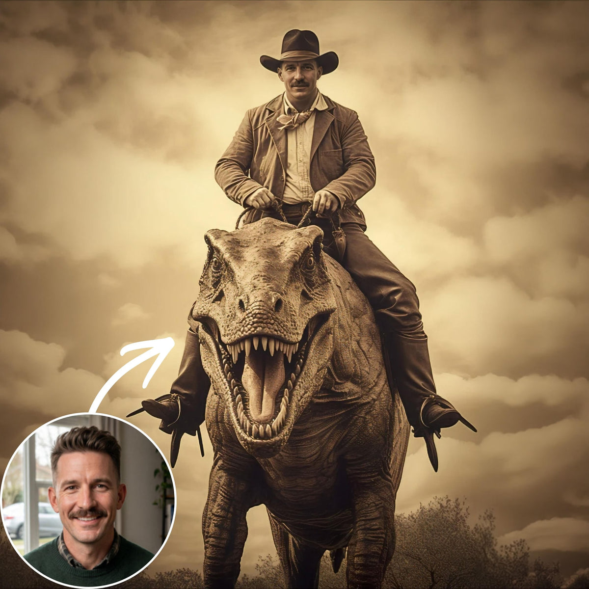 Custom Vintage Portrait: A Western Cowboy Riding a Dinosaur