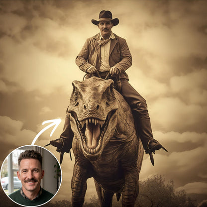 Custom Vintage Portrait: A Western Cowboy Riding a Dinosaur